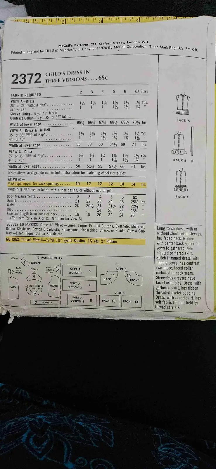 Vintage McCall's 2372 Child's Dress Sewing Pattern Size 4