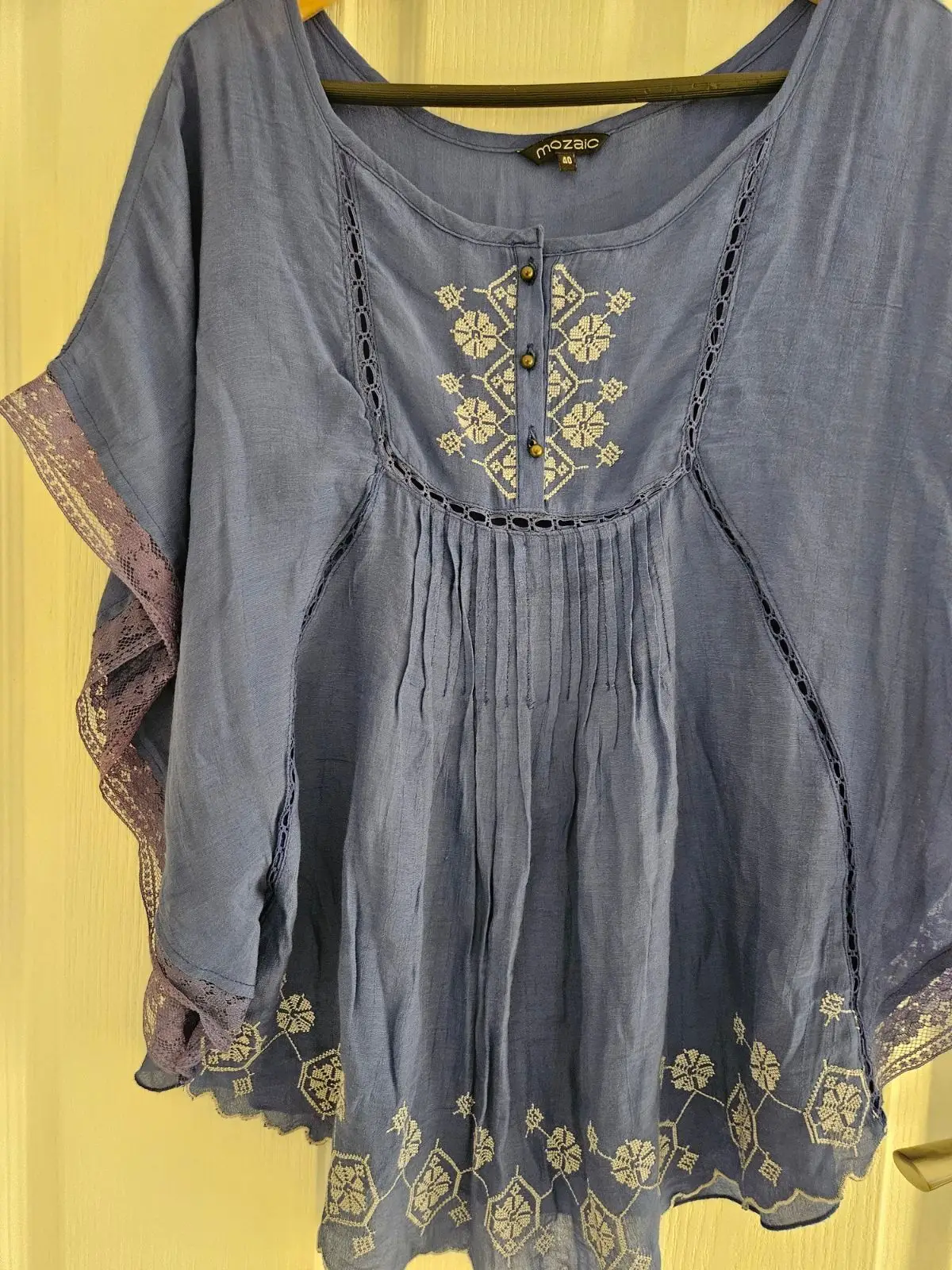 Ackermans Mozaic Blue Embroidered Boho Blouse