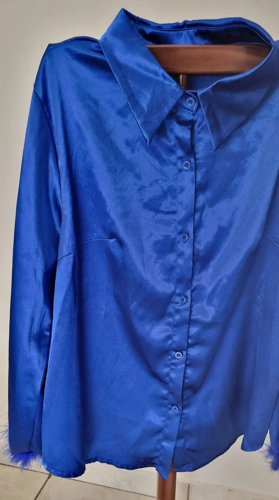 Shein Shein Royal Blue Satin Feather Cuff Shirt