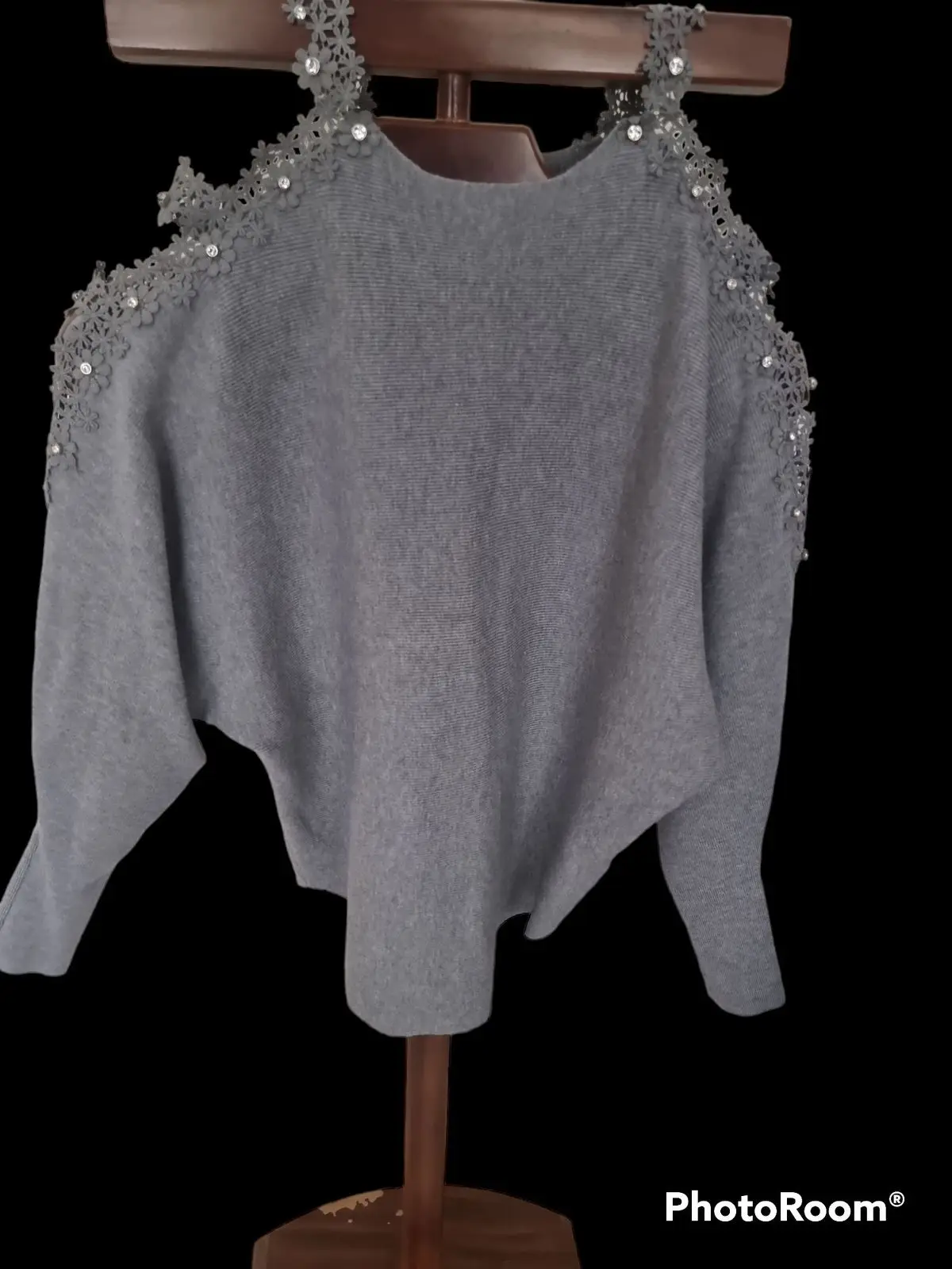 Generic Grey Batwing Knit Sweater with Lace and Rhinestone Shoulder Detail
