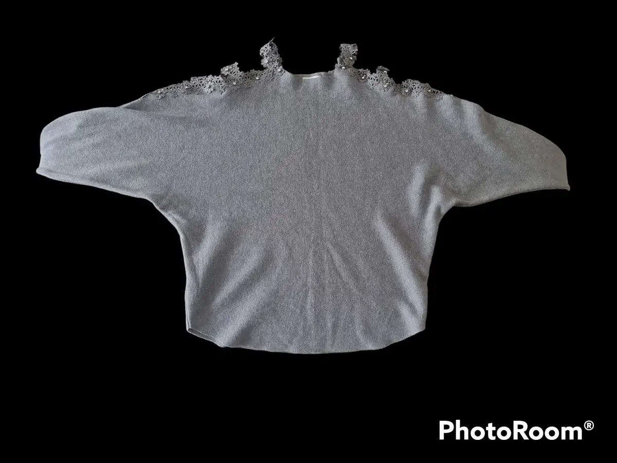 Grey Batwing Knit Sweater with Lace and Rhinestone Shoulder Detail