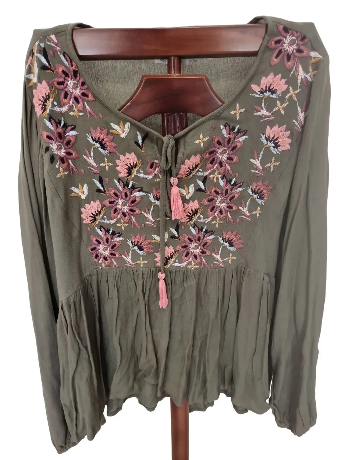 Old Khaki Old Khaki Olive Green Embroidered Long Sleeve Blouse