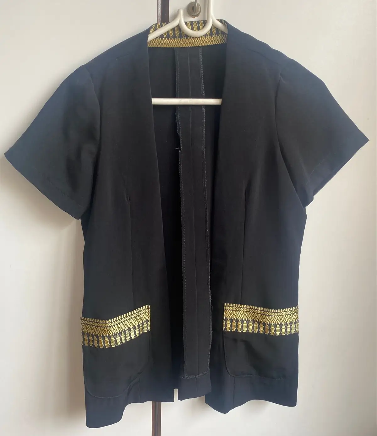 Generic Black Short Sleeve Open Front Jacket with Gold Trim