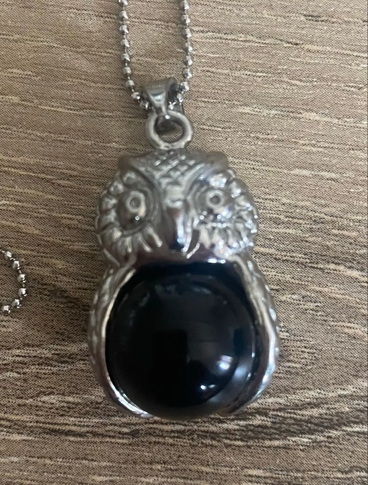 Silver Owl Pendant Necklace with Black Stone