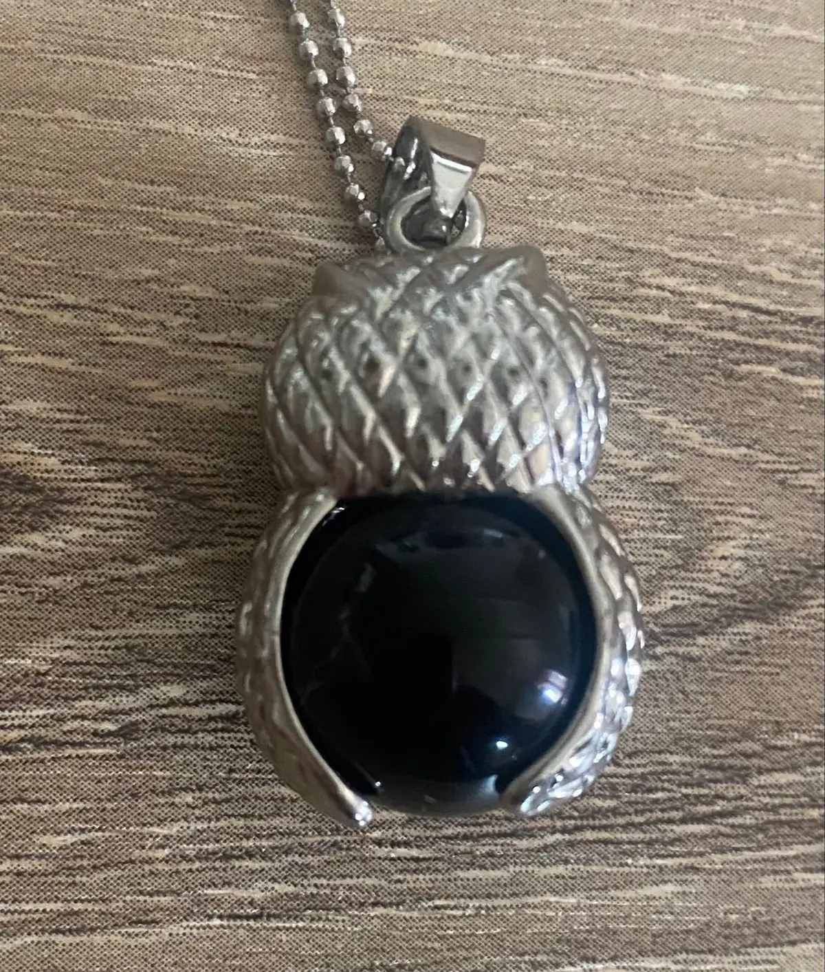 Silver Owl Pendant Necklace with Black Stone