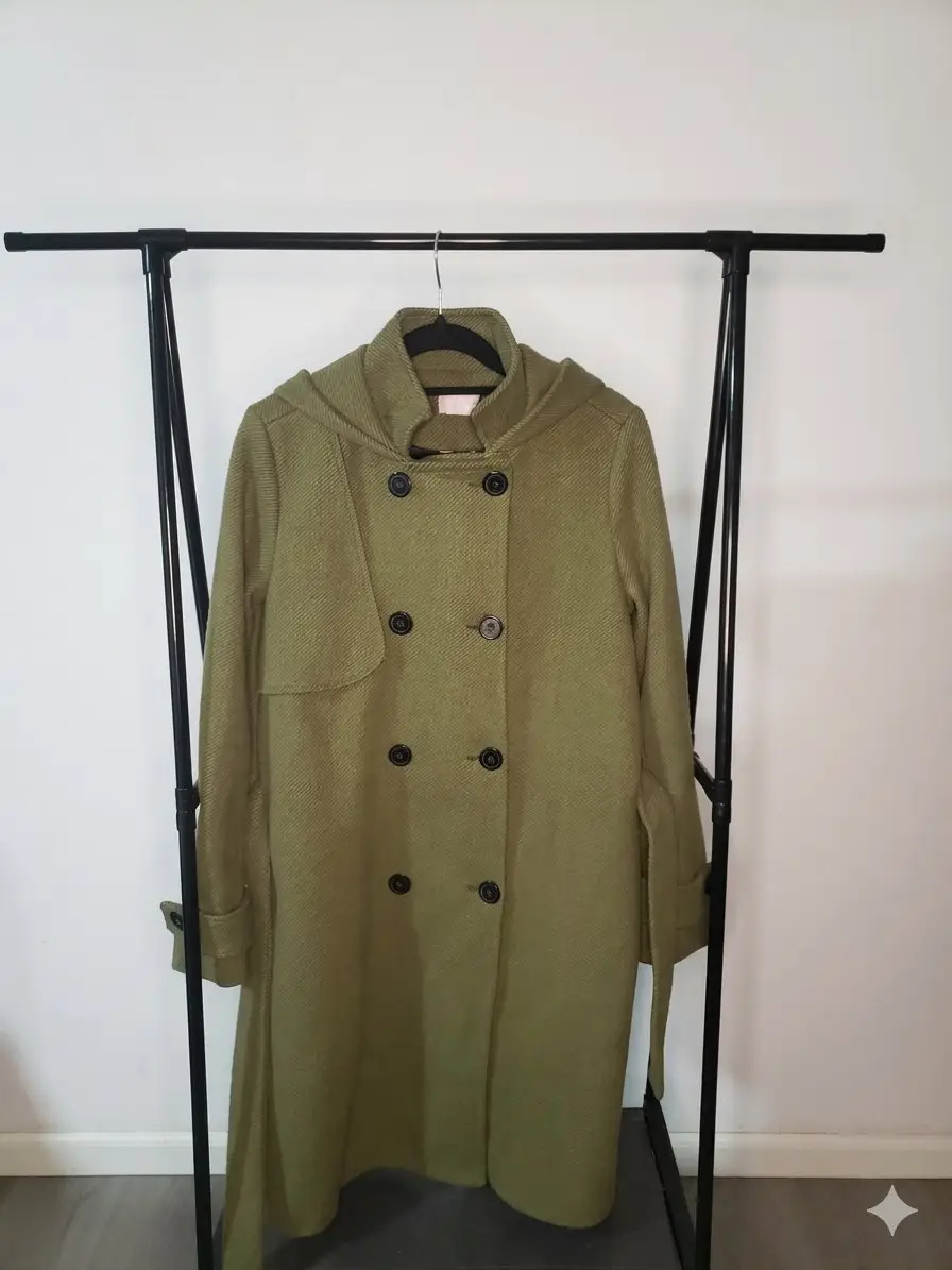 Coms Olive Green Hooded Double-Breasted Trench Coat