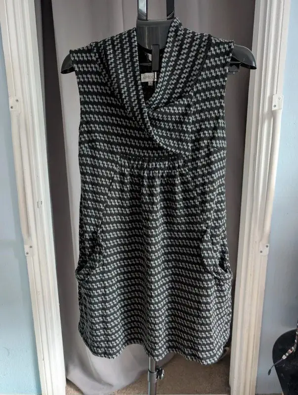 Apricot Grey Houndstooth Sleeveless Cowl Neck Tunic Dress