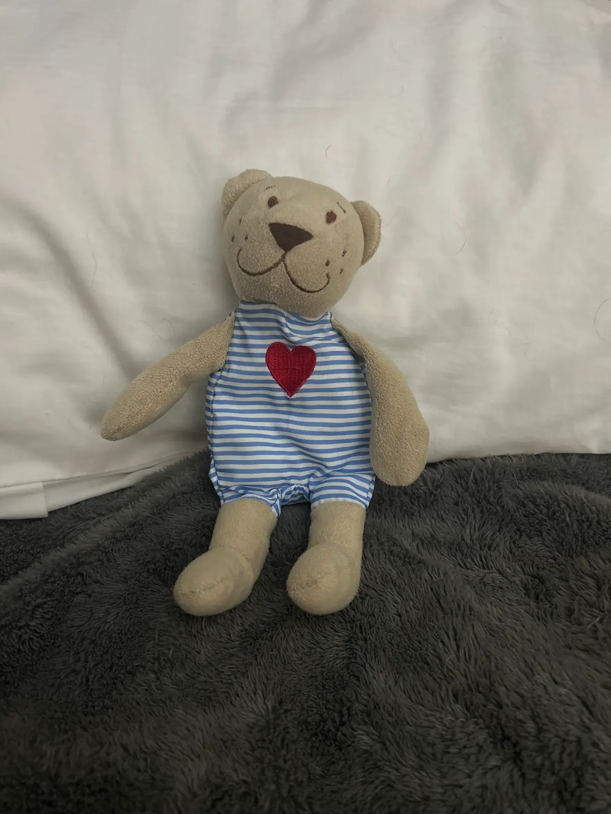 Plush Teddy Bear in Blue Striped Outfit with Red Heart