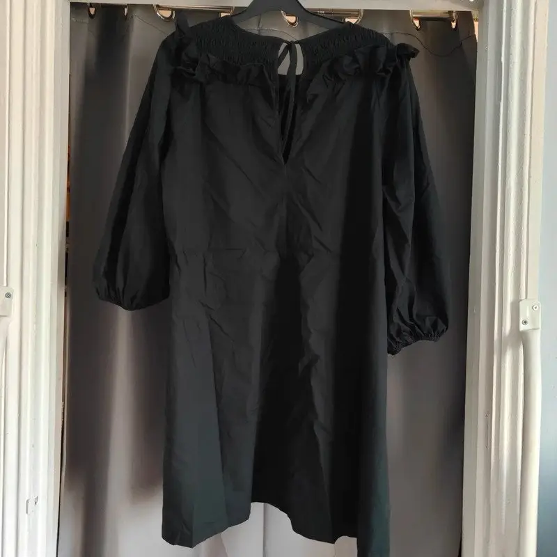 H&M Black Smocked Ruffle Mini Dress Size M Cotton Balloon Sleeve Gothic Boho