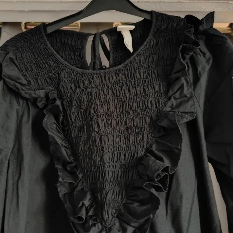 H&amp;M Black Smocked Ruffle Mini Dress Size M Cotton Balloon Sleeve Gothic Boho