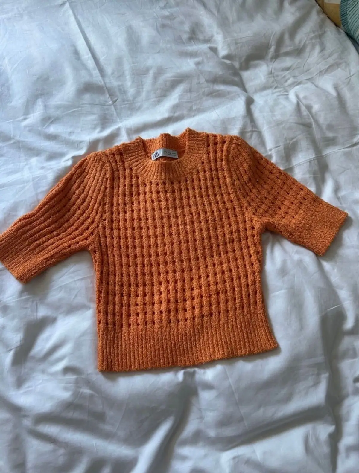 Zara Orange Open Knit Short Sleeve Top