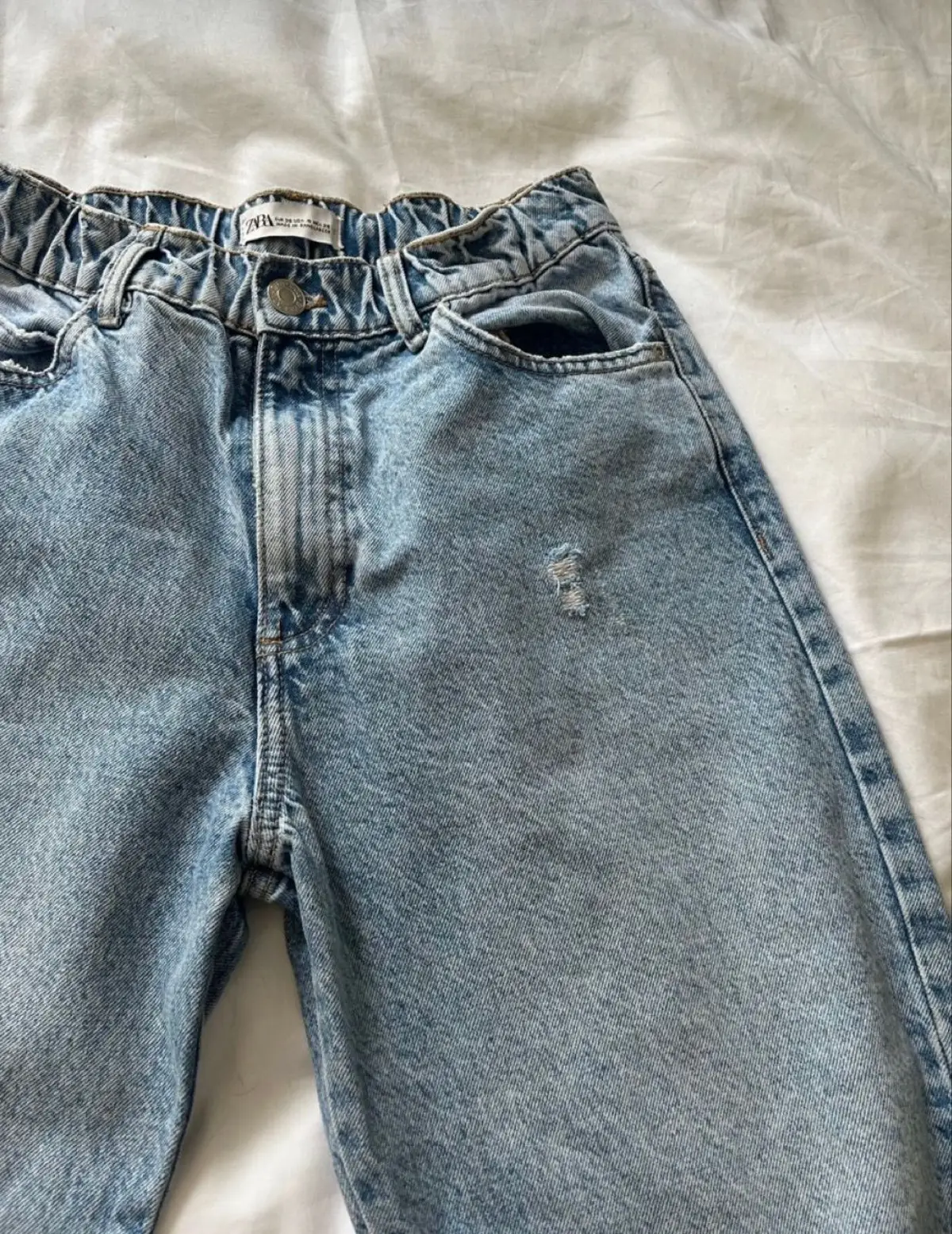 Zara Light Wash Elastic Waist Distressed Jeans