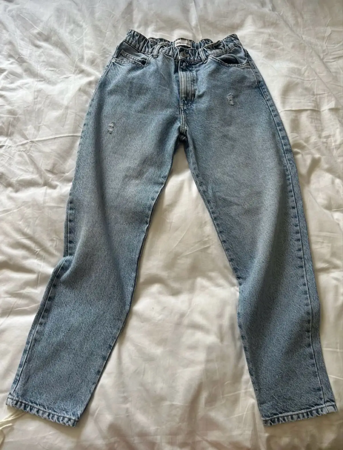 Zara Light Wash Elastic Waist Distressed Jeans