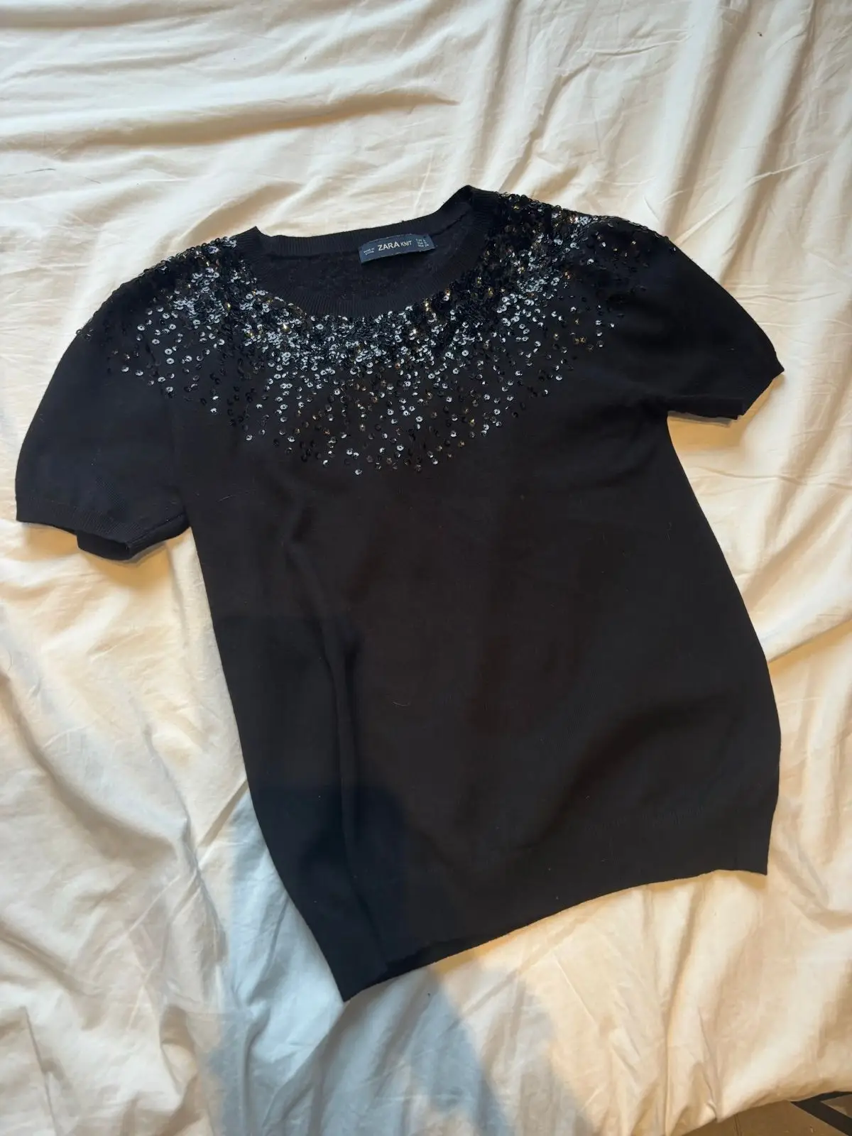 Zara Knit Black Sequin Embellished Short Sleeve Top