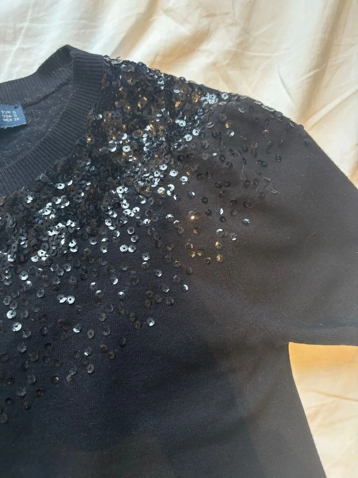 Zara Knit Black Sequin Embellished Short Sleeve Top