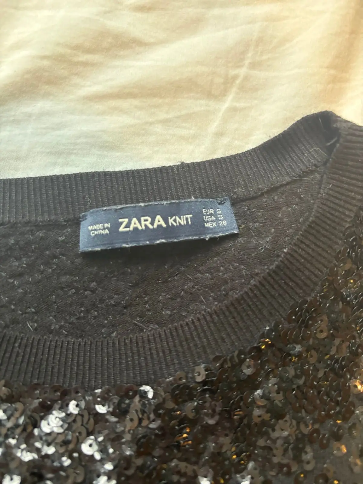 Zara Knit Black Sequin Embellished Short Sleeve Top