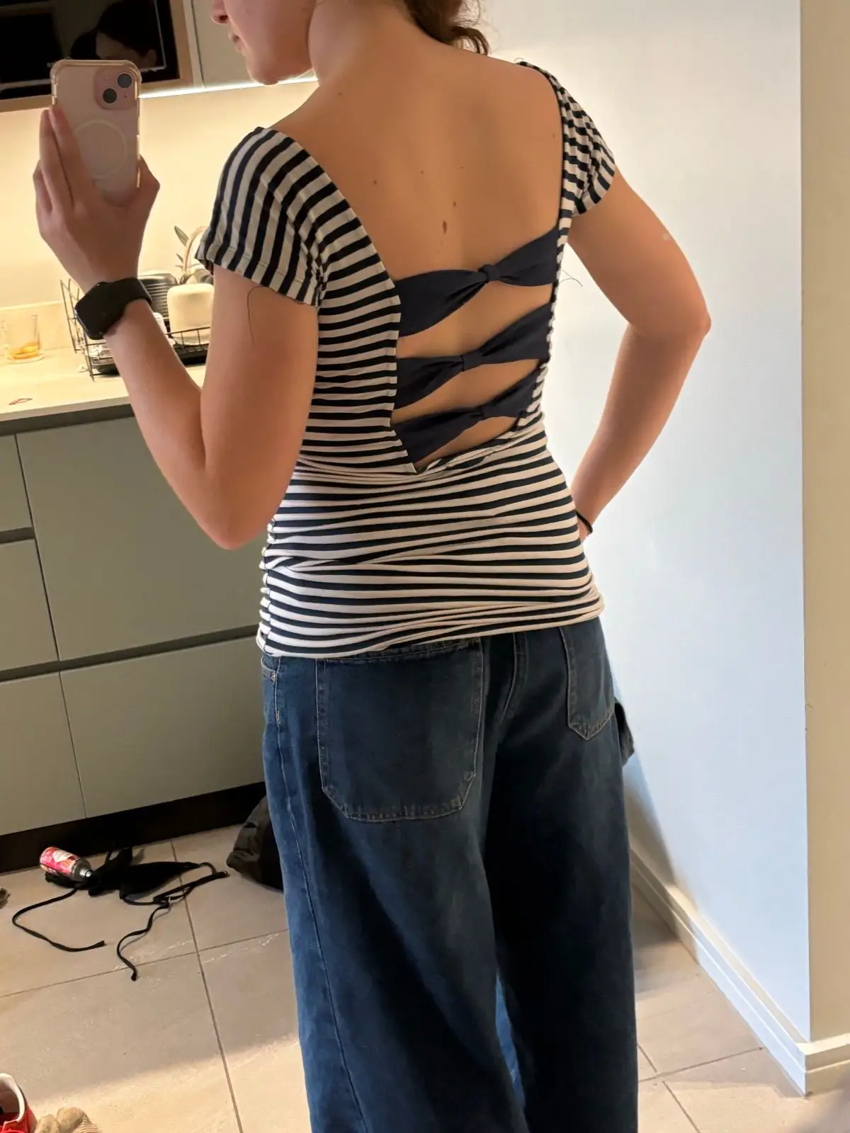 Zara Striped Open Back Bow Detail Top