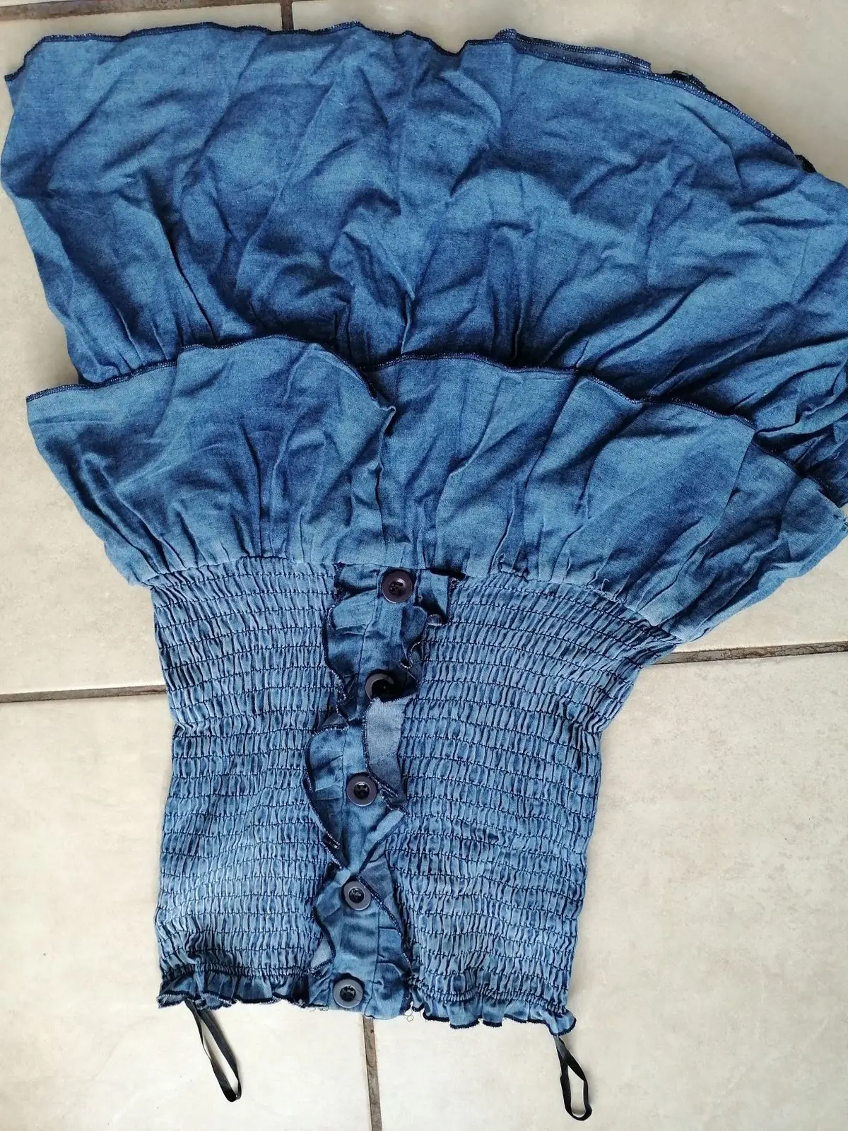 Blue Smocked Denim-Look Ruffle Top