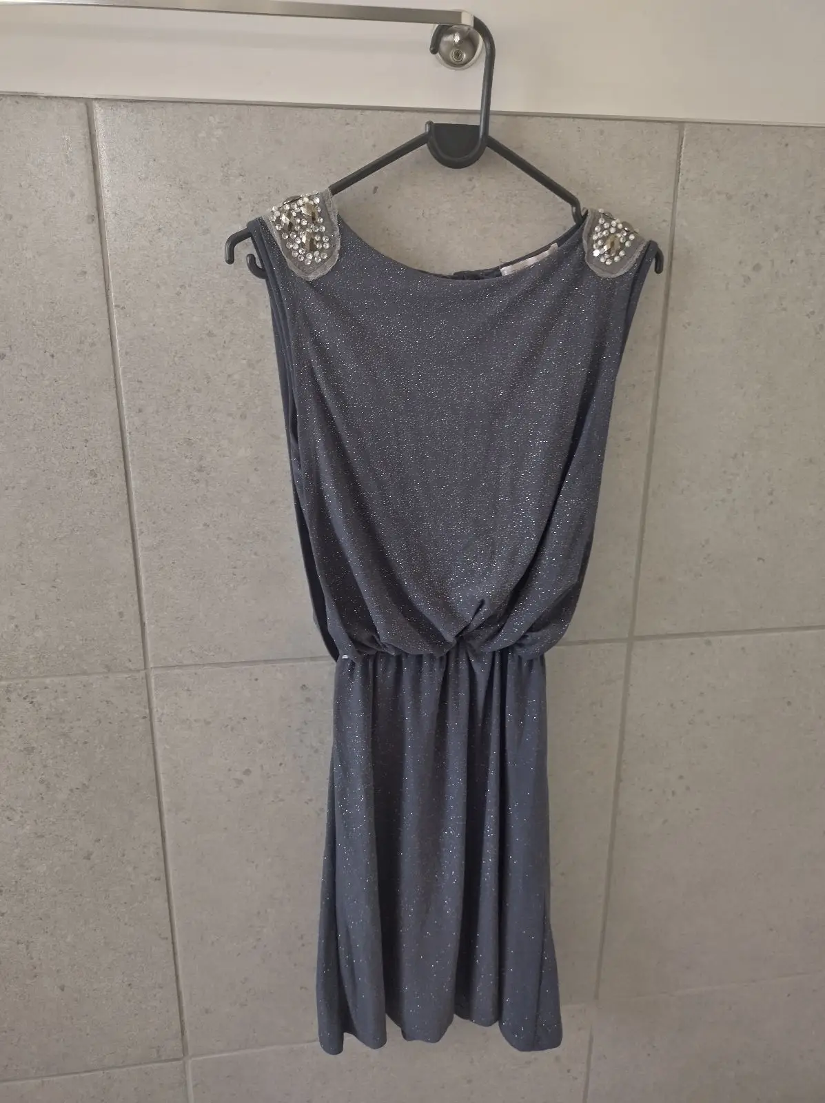 Generic Grey Glitter Sleeveless Dress with Embellished Shoulders