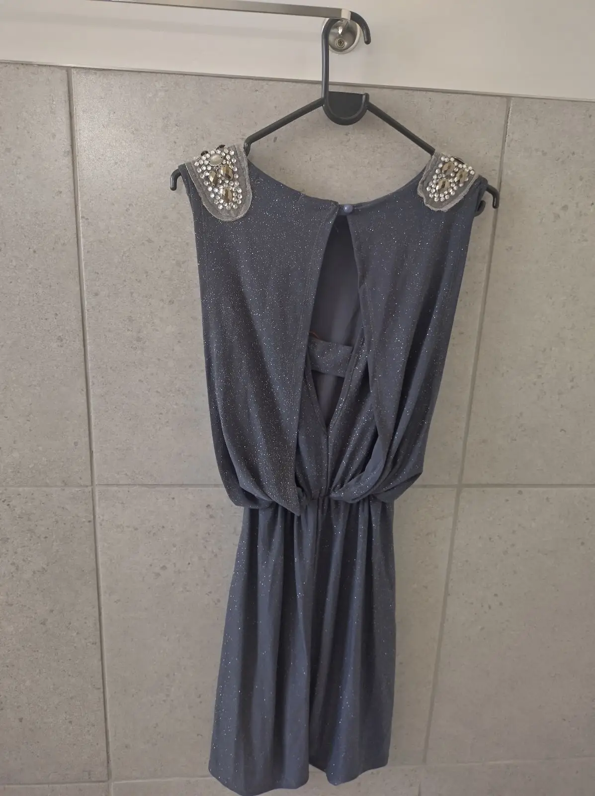Grey Glitter Sleeveless Dress with Embellished Shoulders