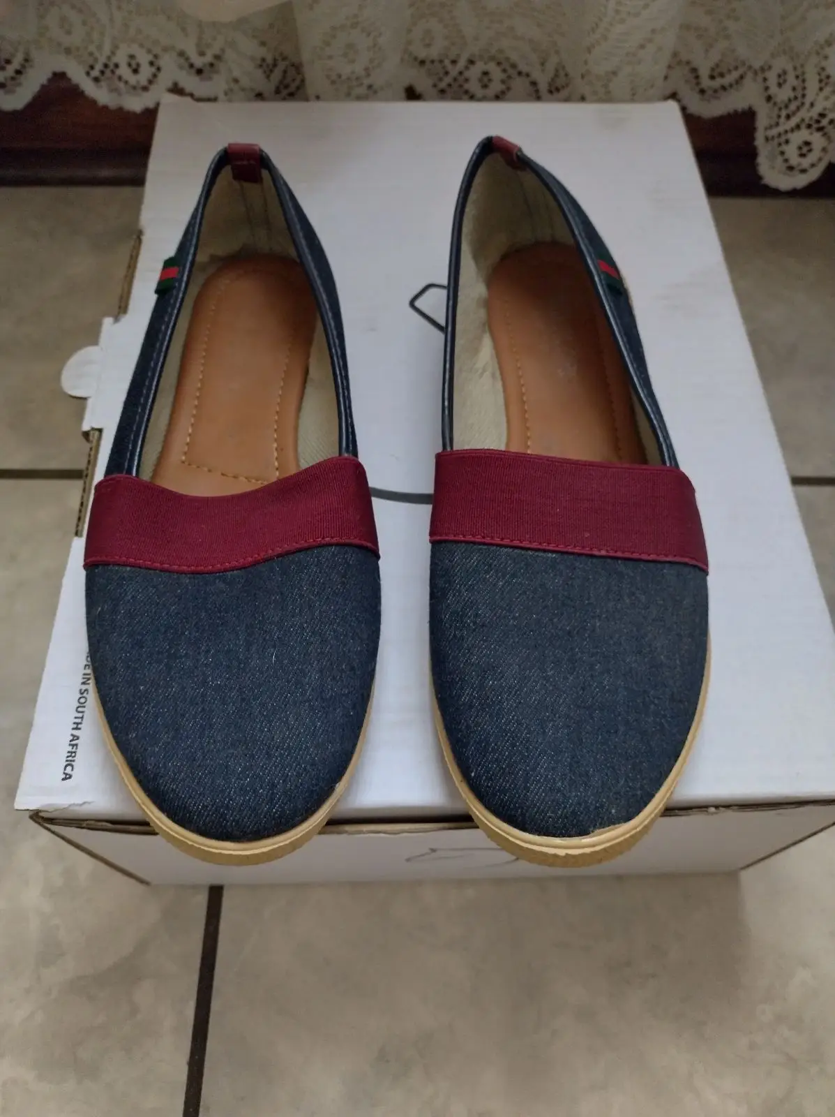 Generic Blue Denim Slip-On Shoes with Red Elastic Strap