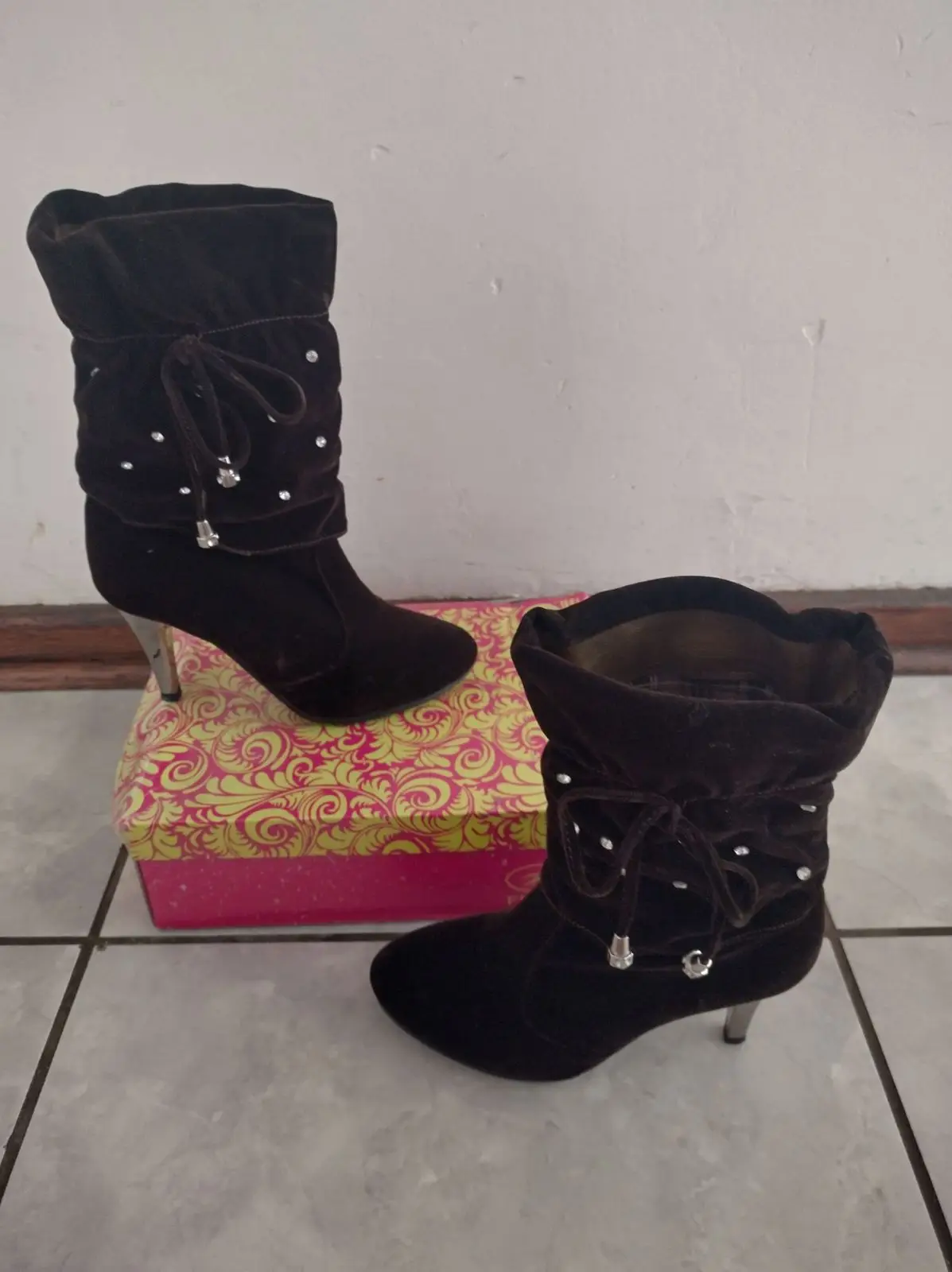 Generic Dark Brown Velvet Mid-Calf Heeled Boots