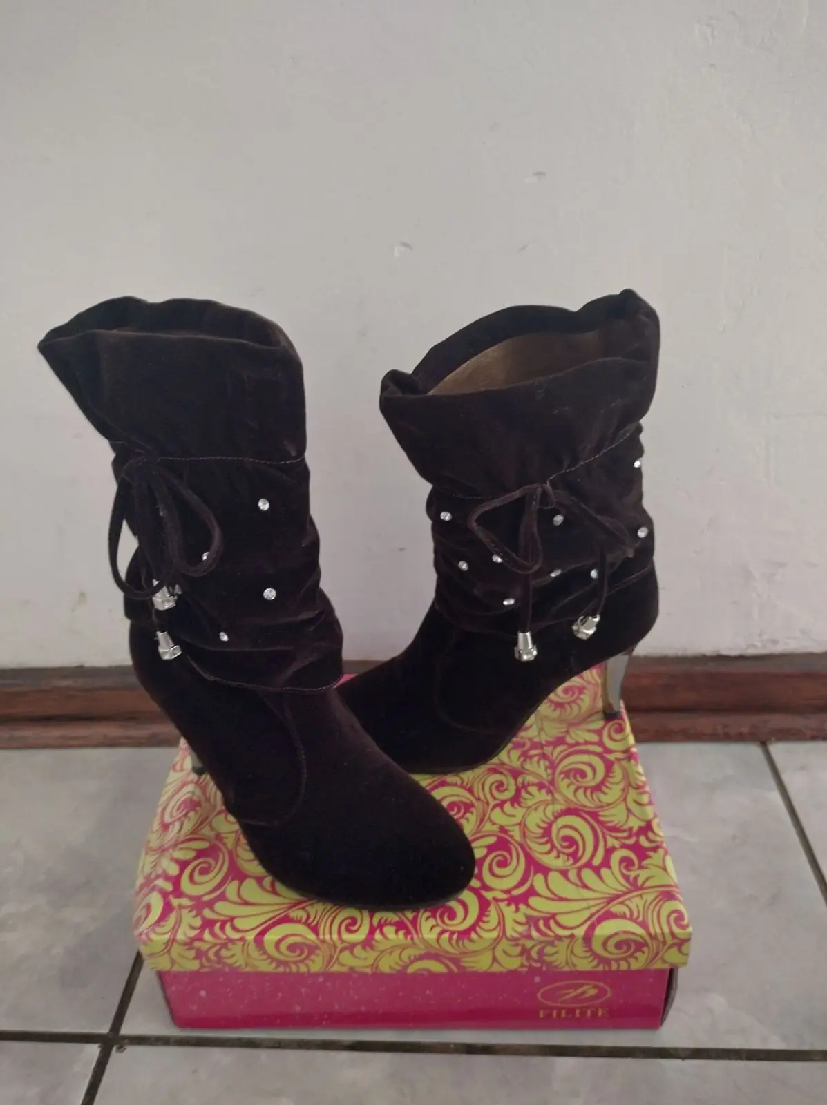 Dark Brown Velvet Mid-Calf Heeled Boots
