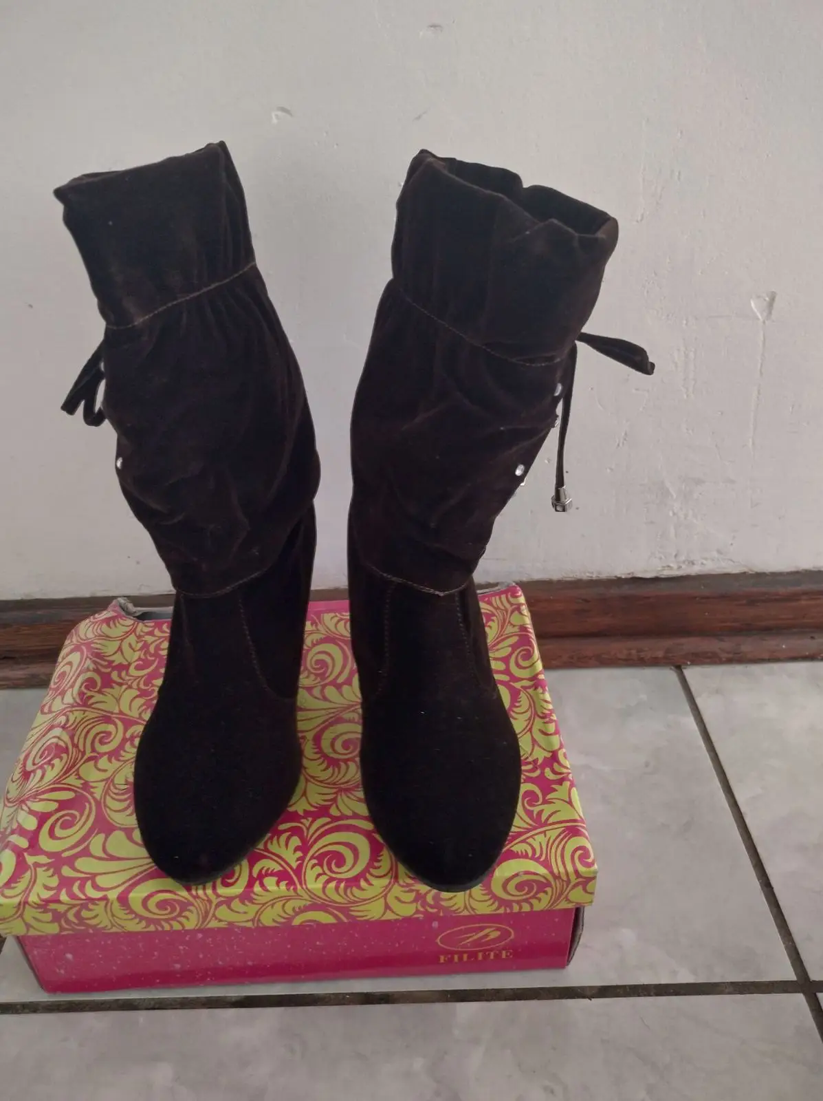 Dark Brown Velvet Mid-Calf Heeled Boots