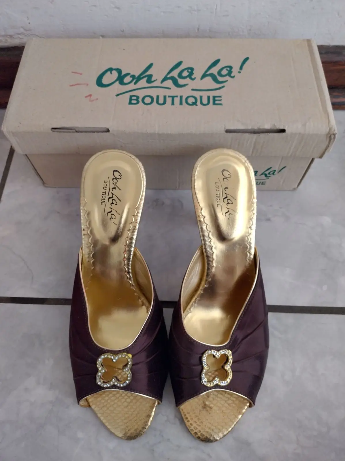 Ooh La La! Boutique Brown Satin and Gold Mule Heels