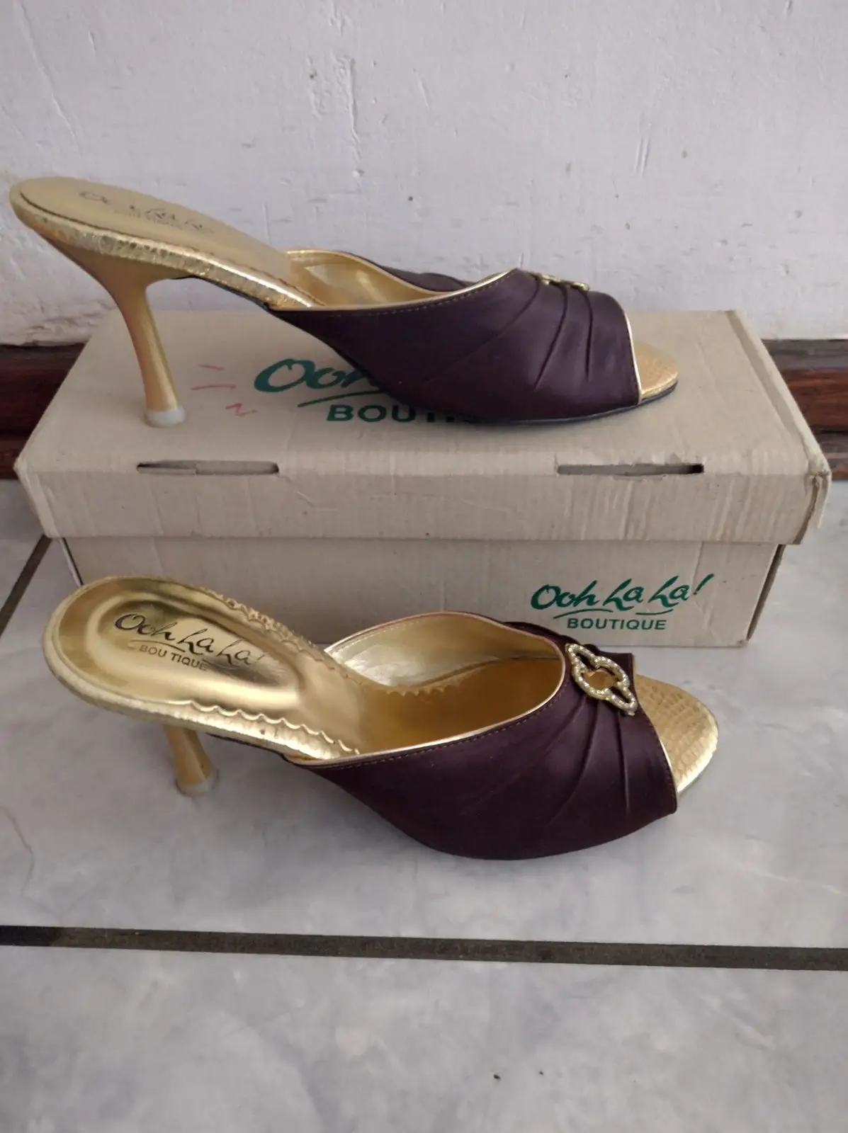 Ooh La La! Boutique Ooh La La! Boutique Brown Satin and Gold Mule Heels