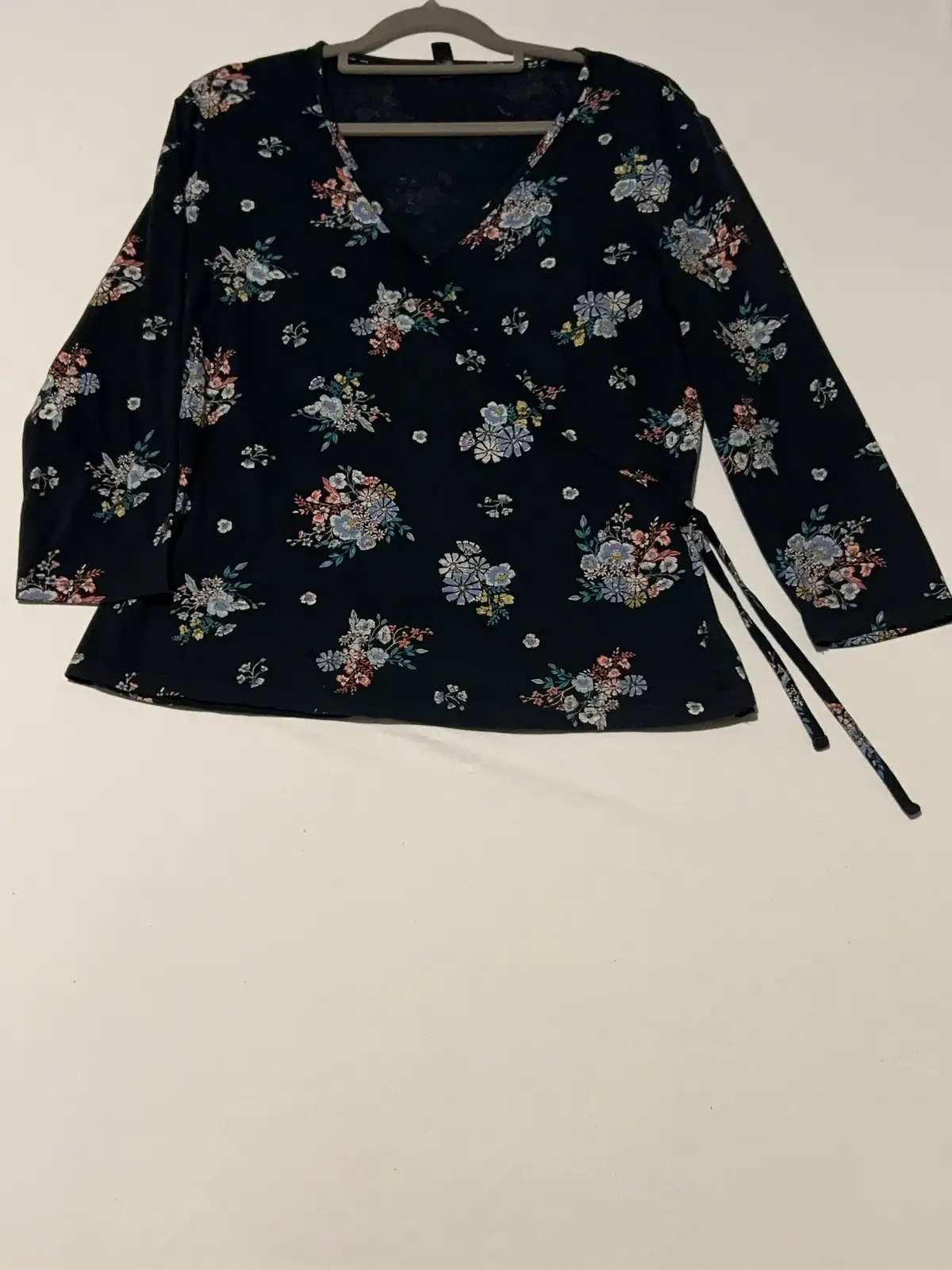 Woolworths Black Floral Wrap Top 3/4 Sleeve Medium