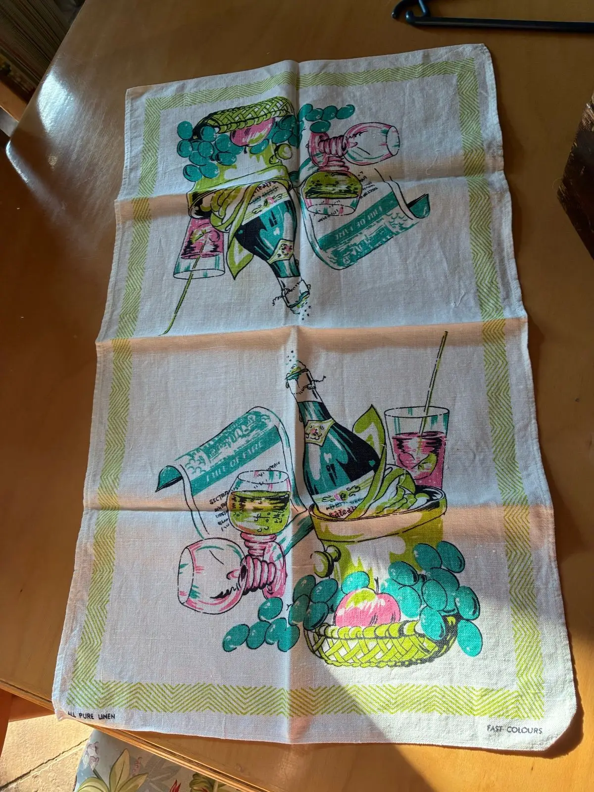 Vintage Pure Linen Illustrated Tea Towel
