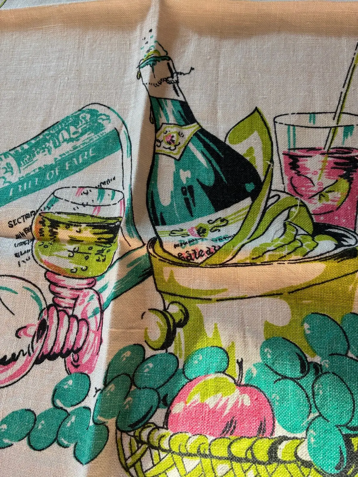 Vintage Pure Linen Illustrated Tea Towel