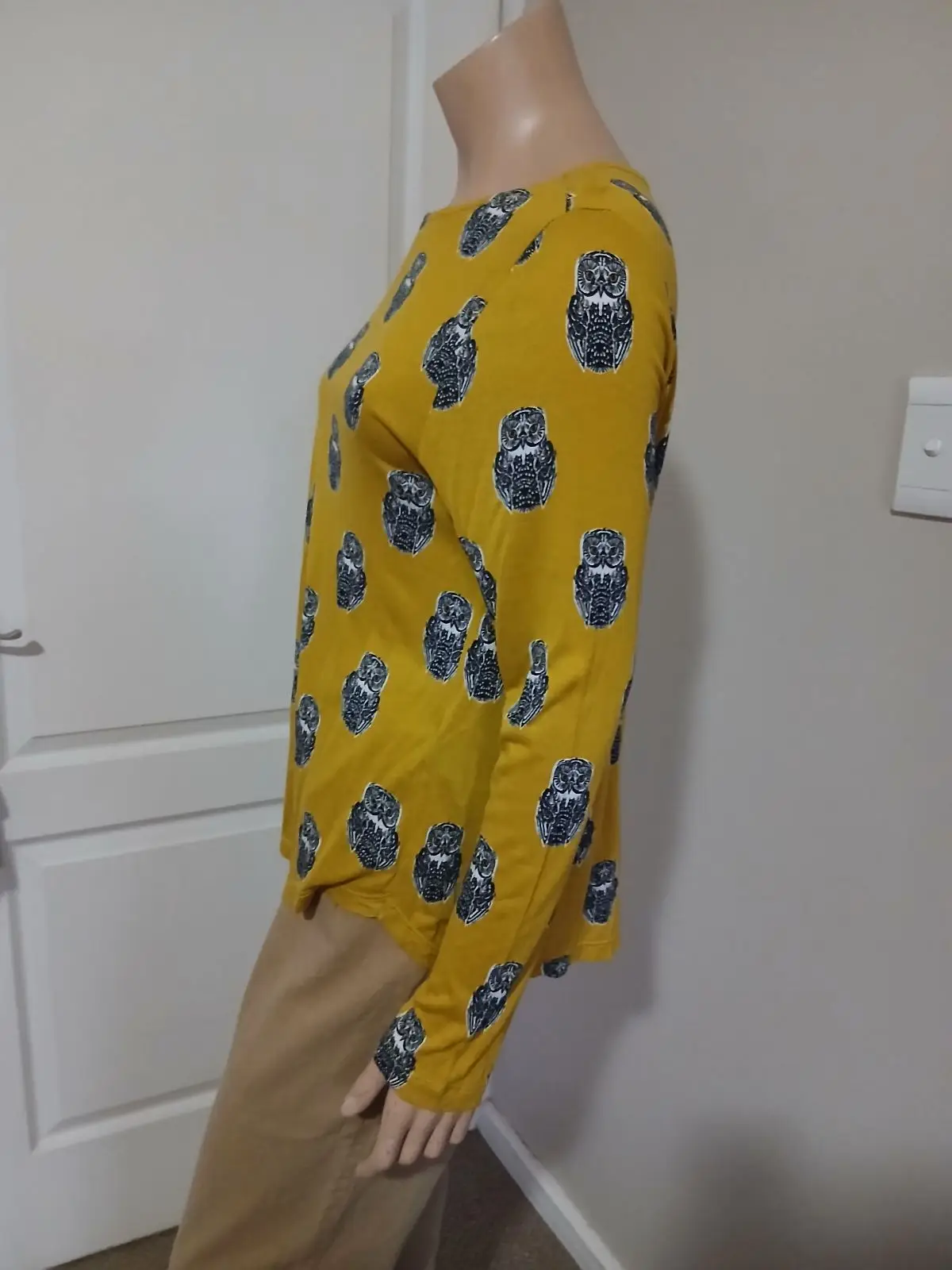 H&M Mustard Yellow Owl Print Long Sleeve Top