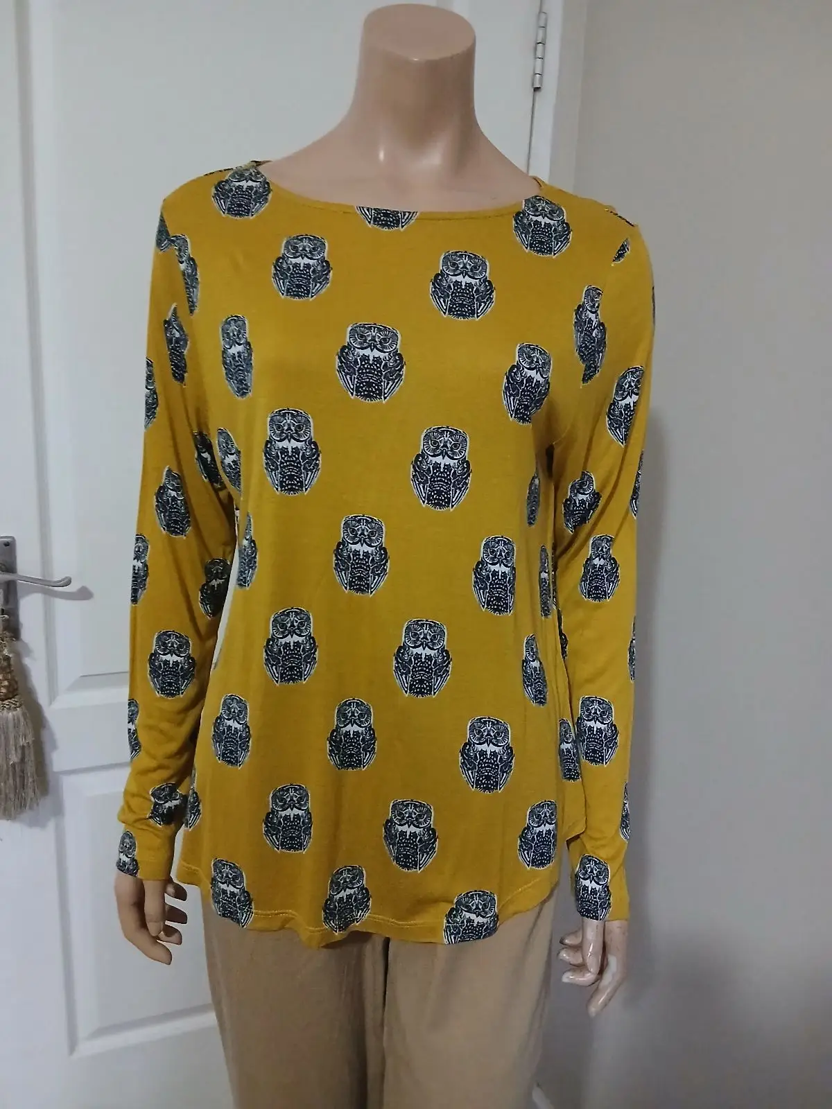 H&M Mustard Yellow Owl Print Long Sleeve Top