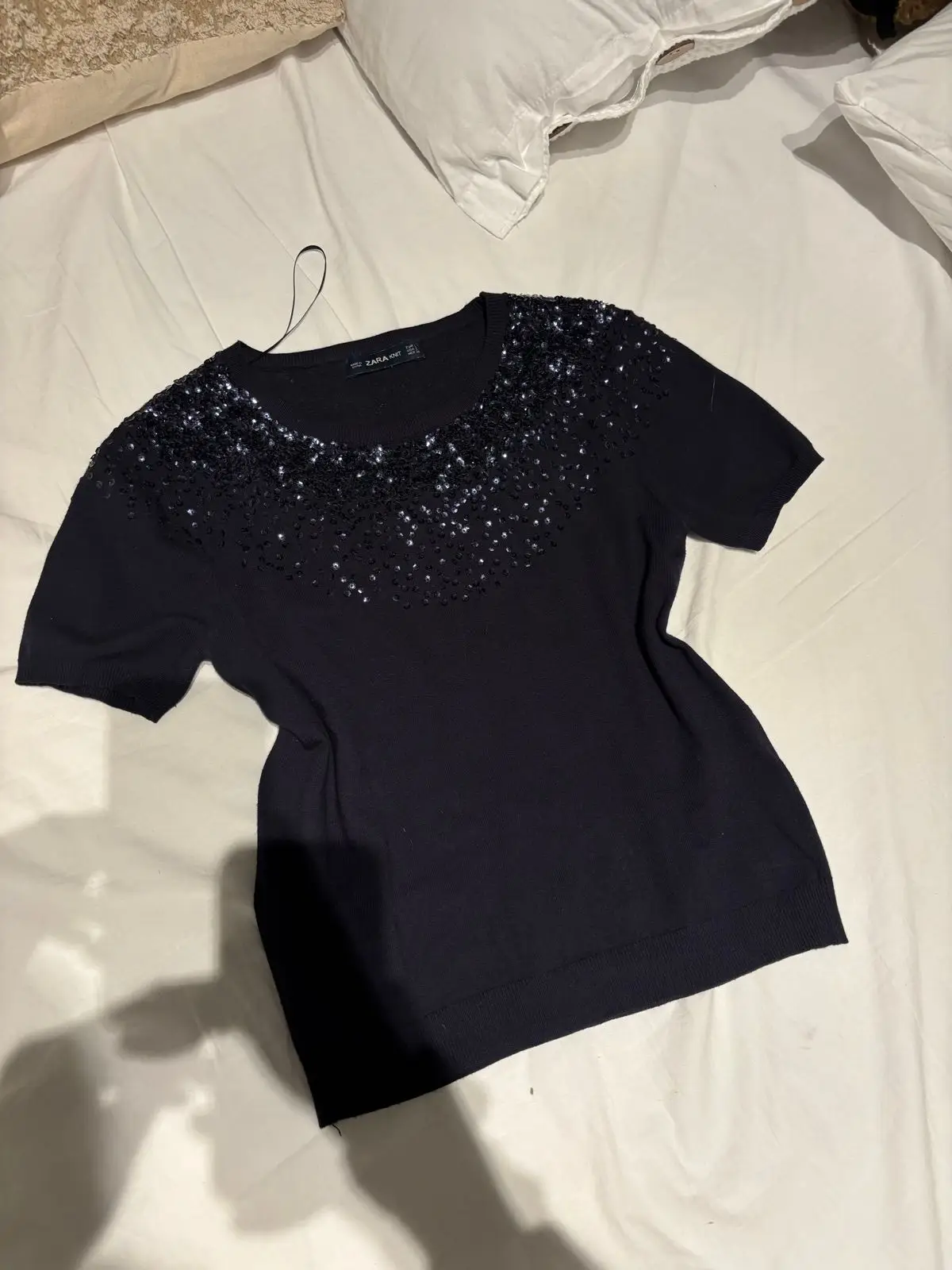 Zara Knit Sequin Embellished Short Sleeve Top