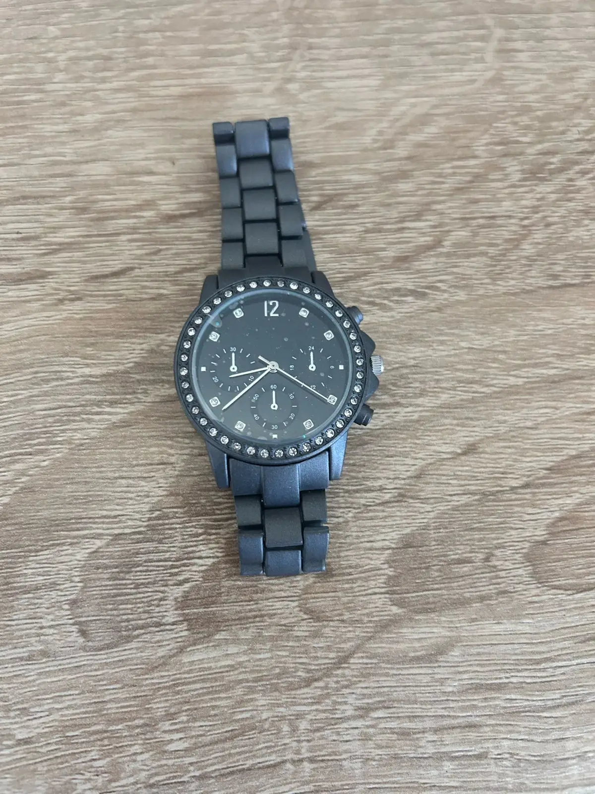 Matte Black Chronograph Style Watch with Rhinestone Bezel