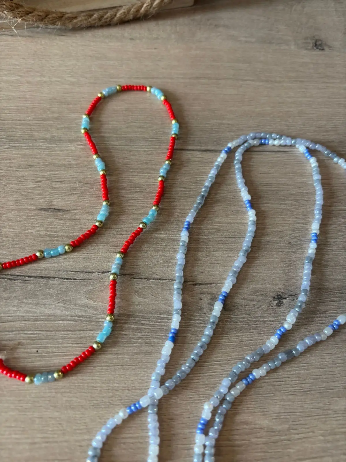 Red and Blue Beaded Necklace with Gold Accents