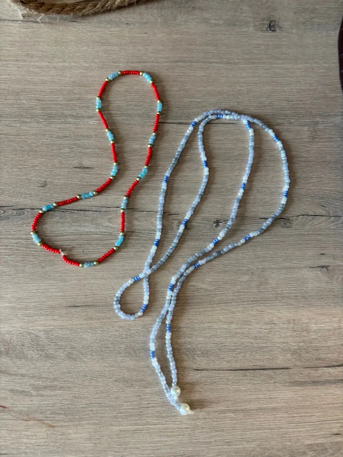 Red and Blue Beaded Necklace with Gold Accents