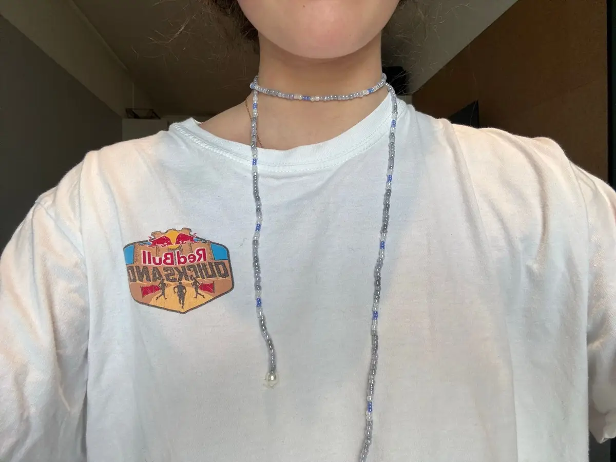 Red and Blue Beaded Necklace with Gold Accents