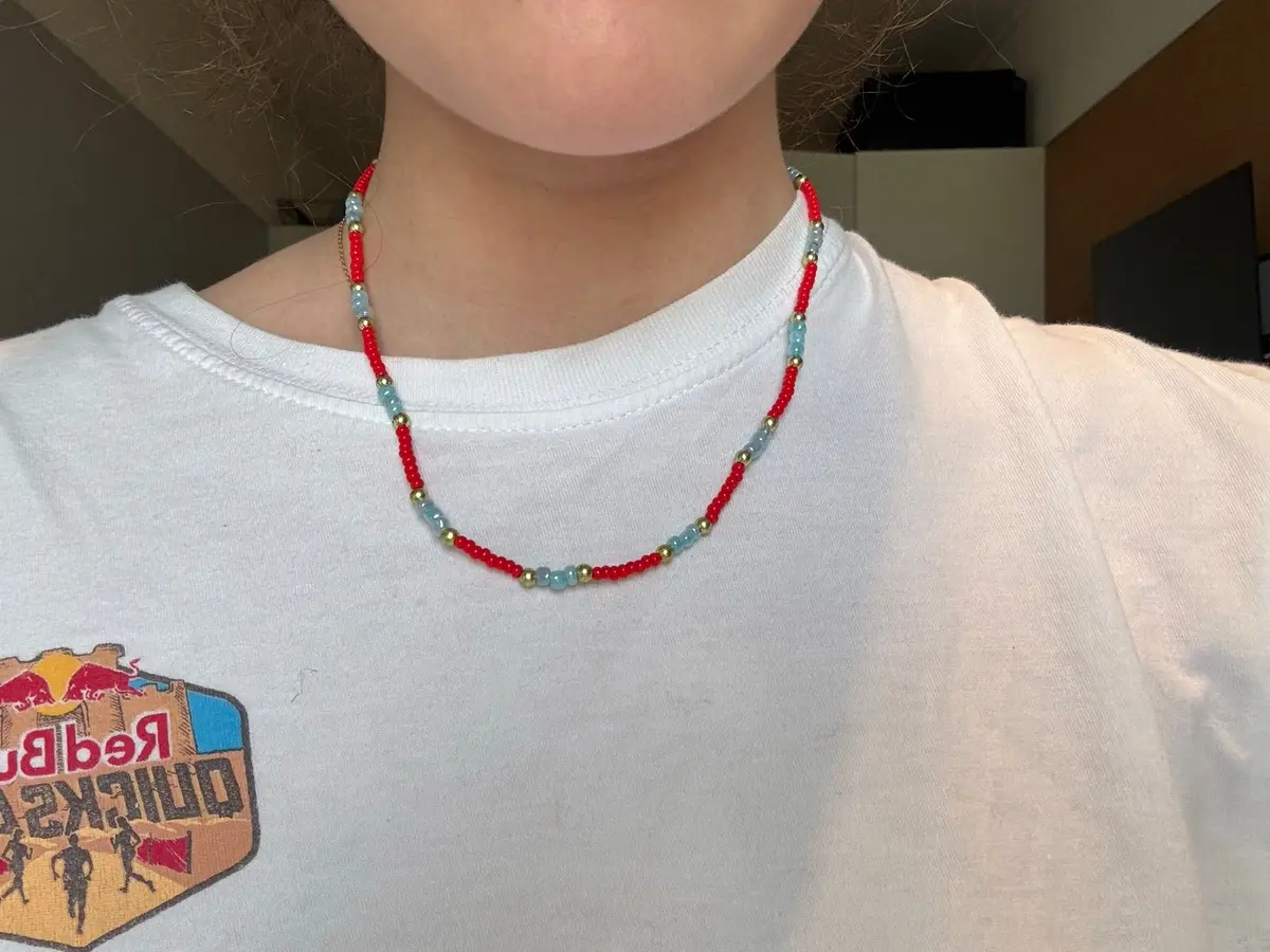 Red and Blue Beaded Necklace with Gold Accents