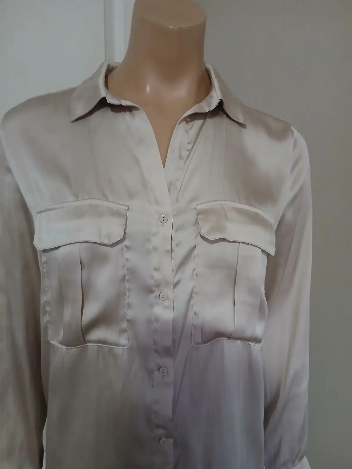 H&M Champagne Satin Long Sleeve Button-Up Shirt
