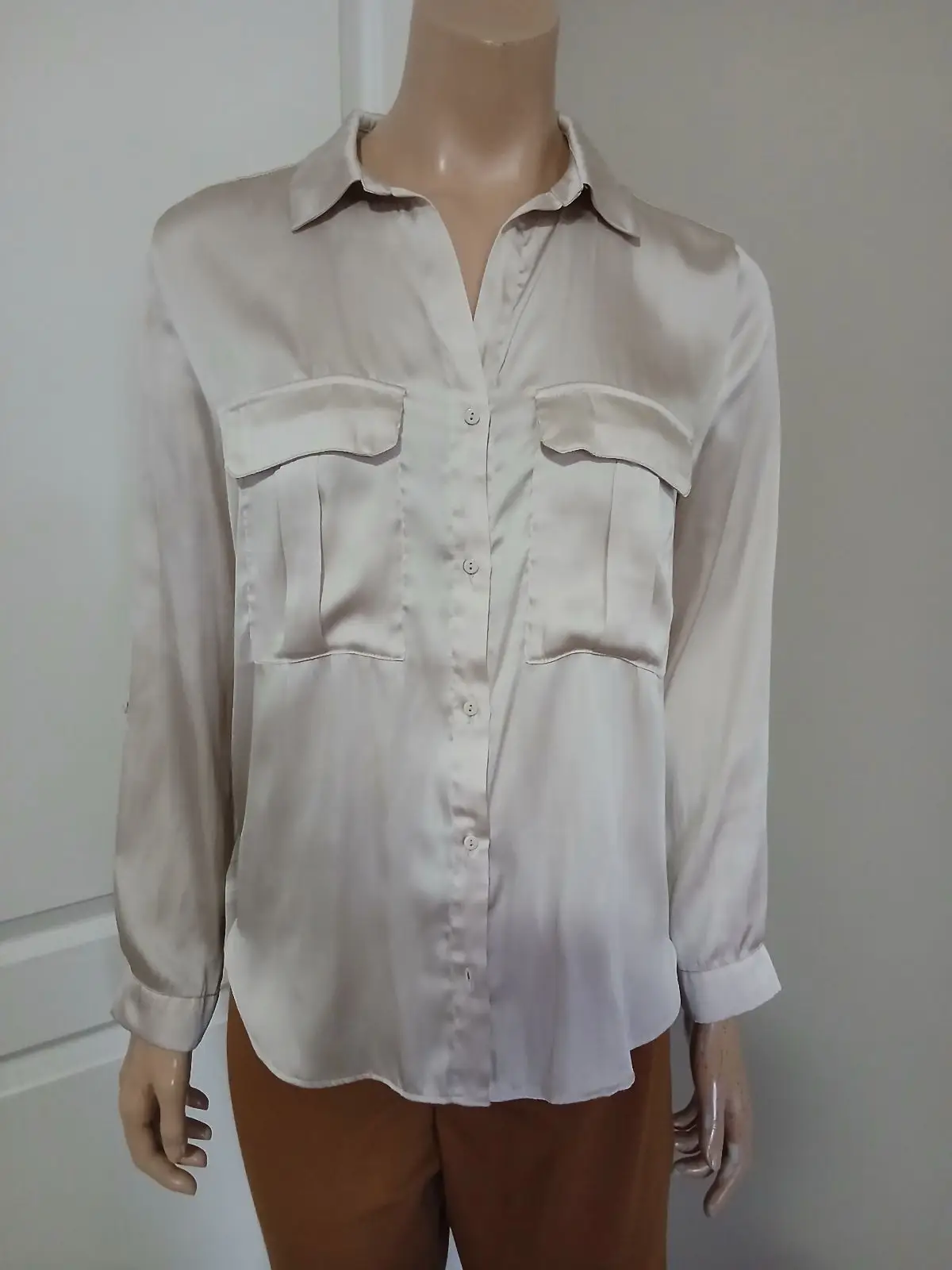 H&M Champagne Satin Long Sleeve Button-Up Shirt