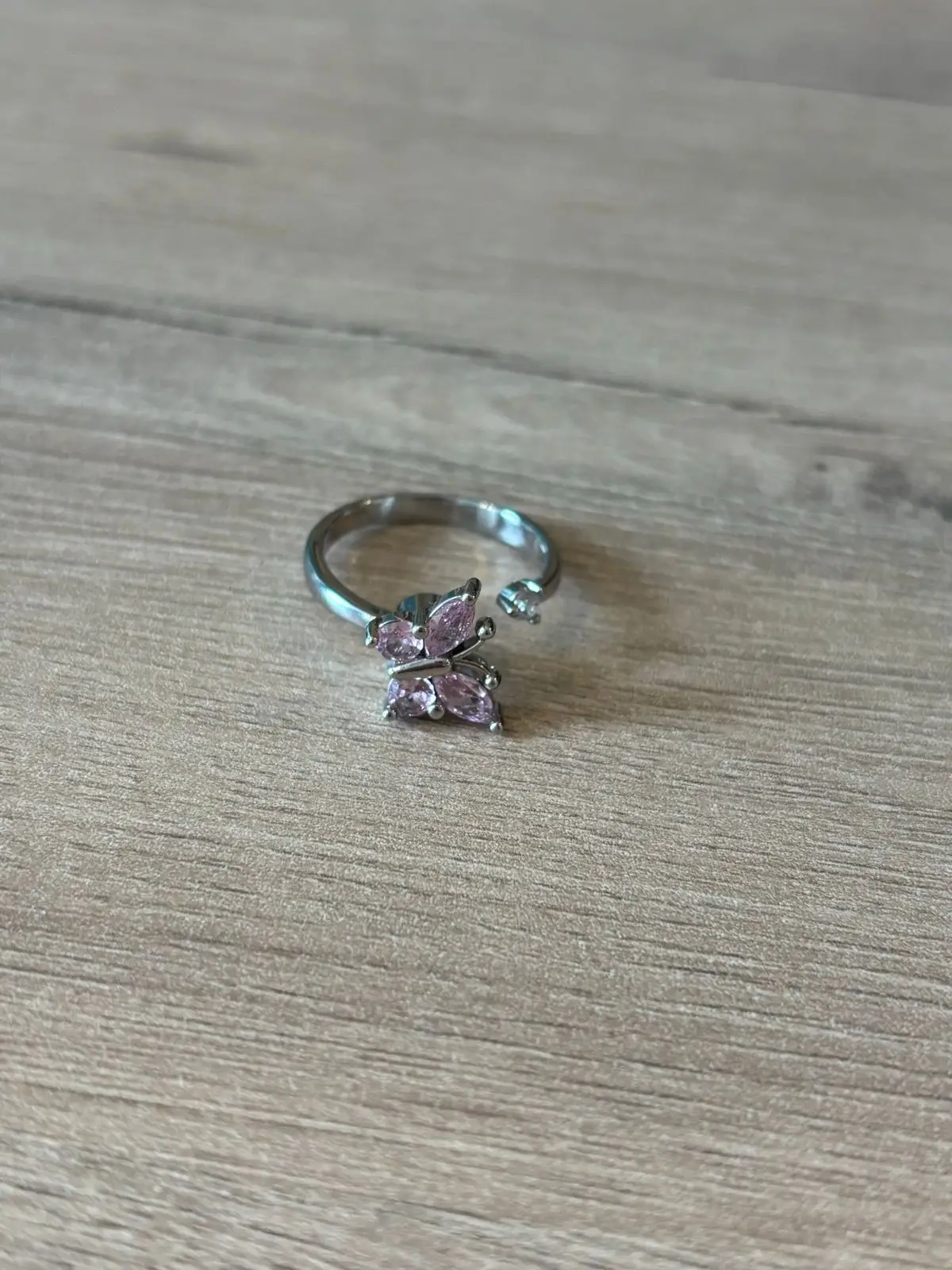 Silver Tone Pink Butterfly Ring