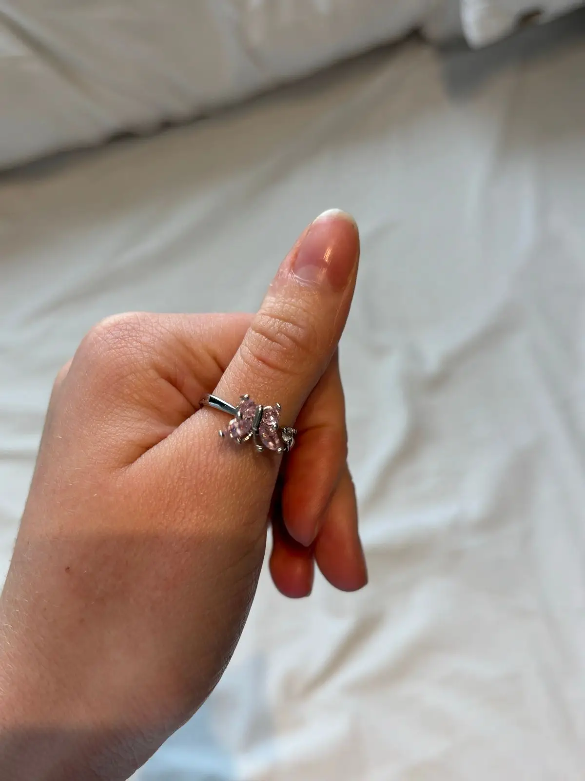 Silver Tone Pink Butterfly Ring