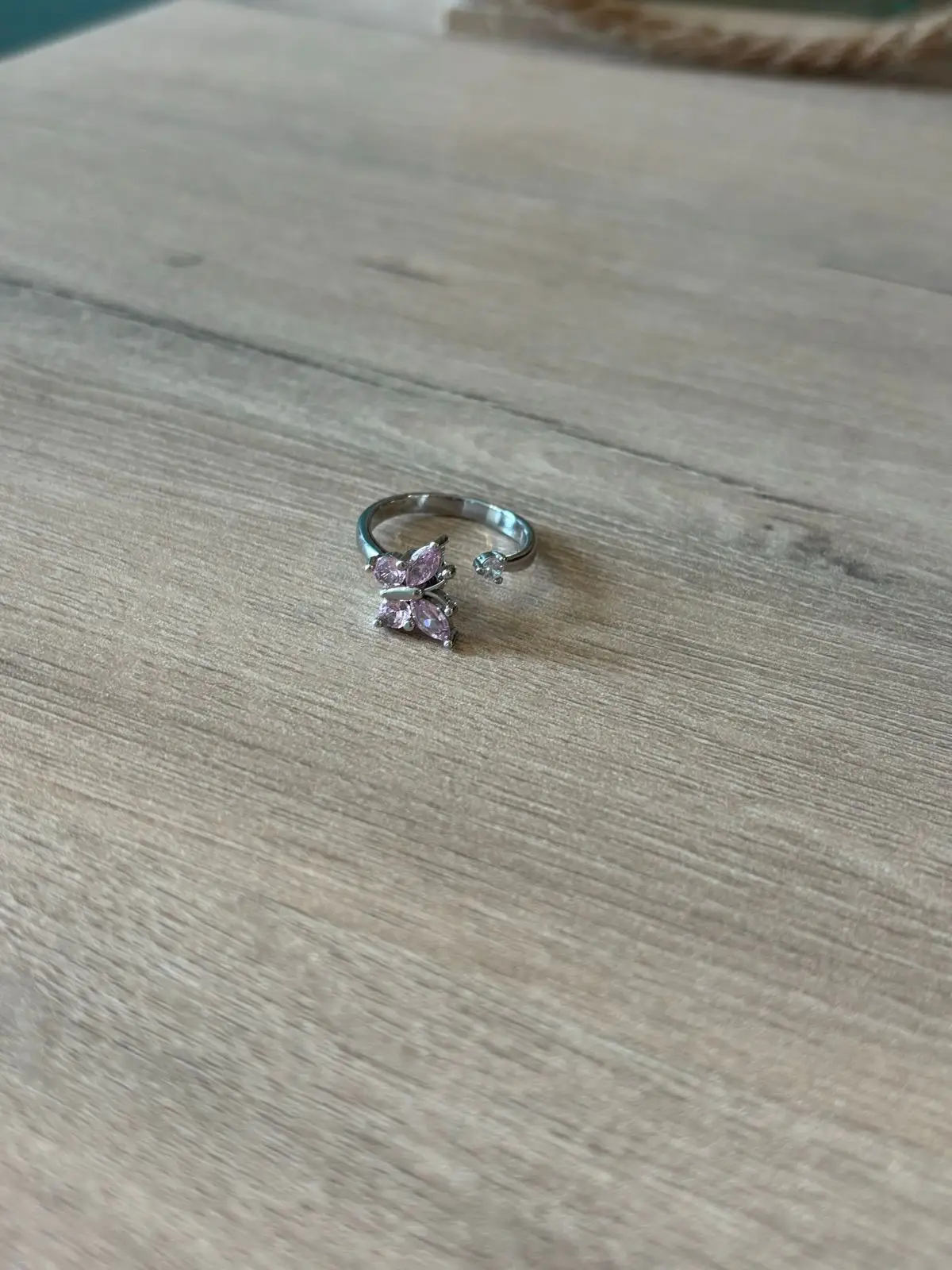 Silver Tone Pink Butterfly Ring