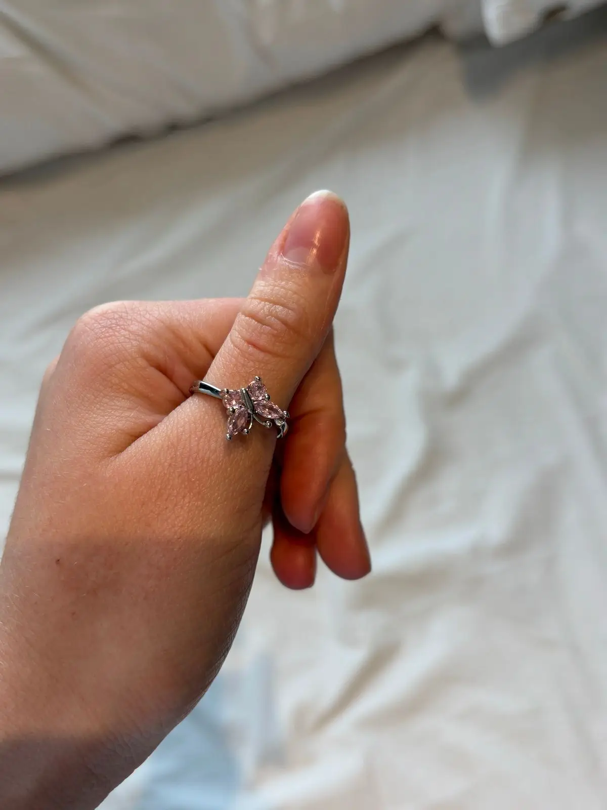 Silver Tone Pink Butterfly Ring