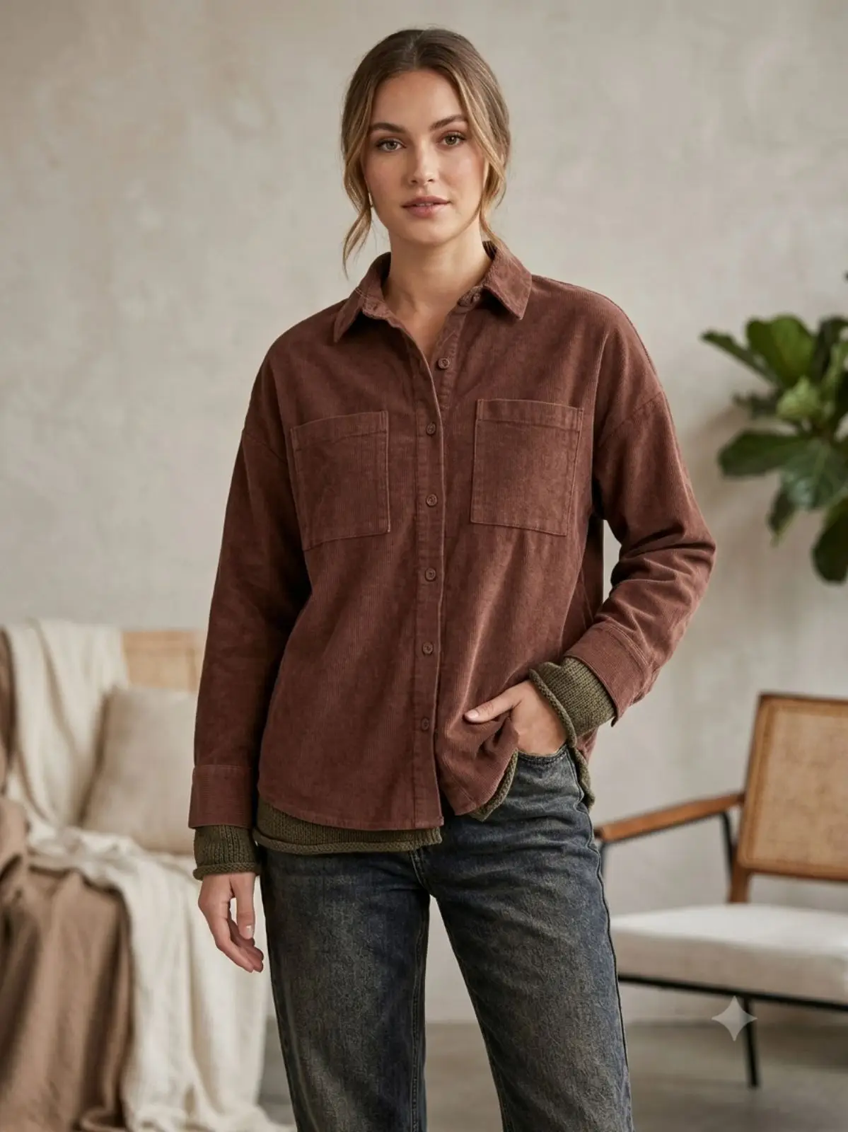 H&M Brown Corduroy Button-Up Shirt
