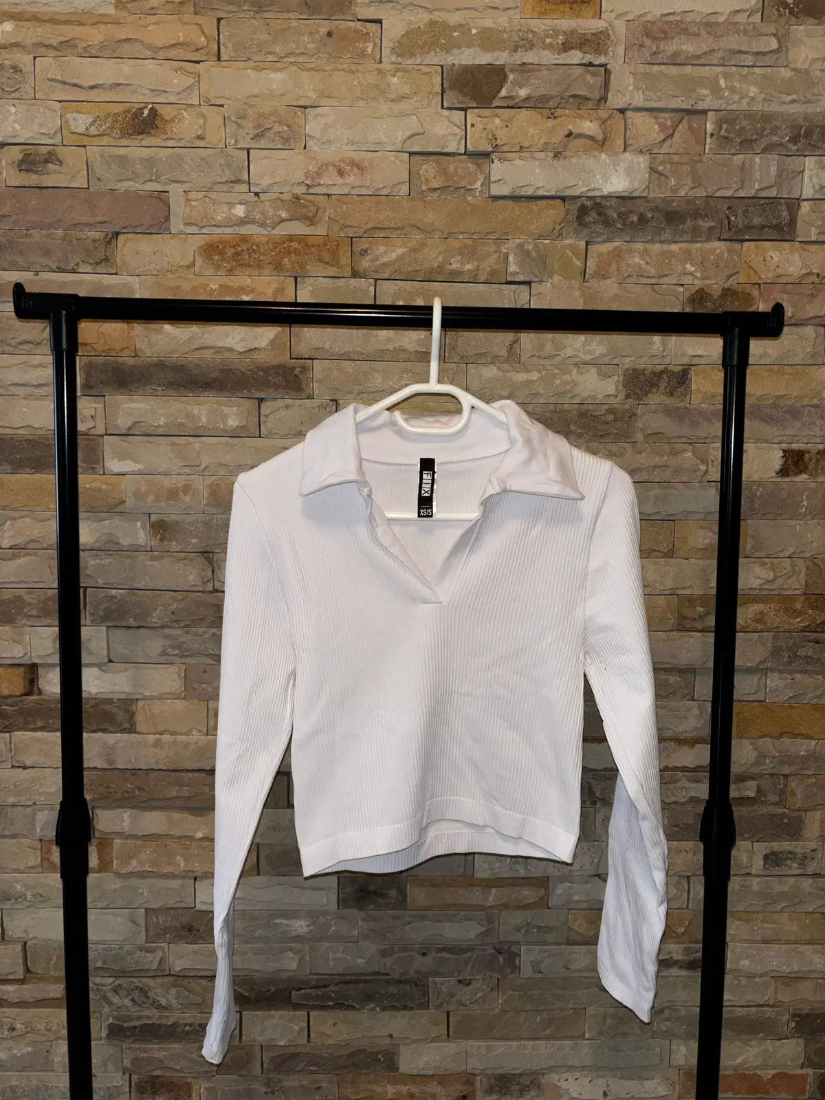 The Fix White Ribbed Long-Sleeve Polo Top