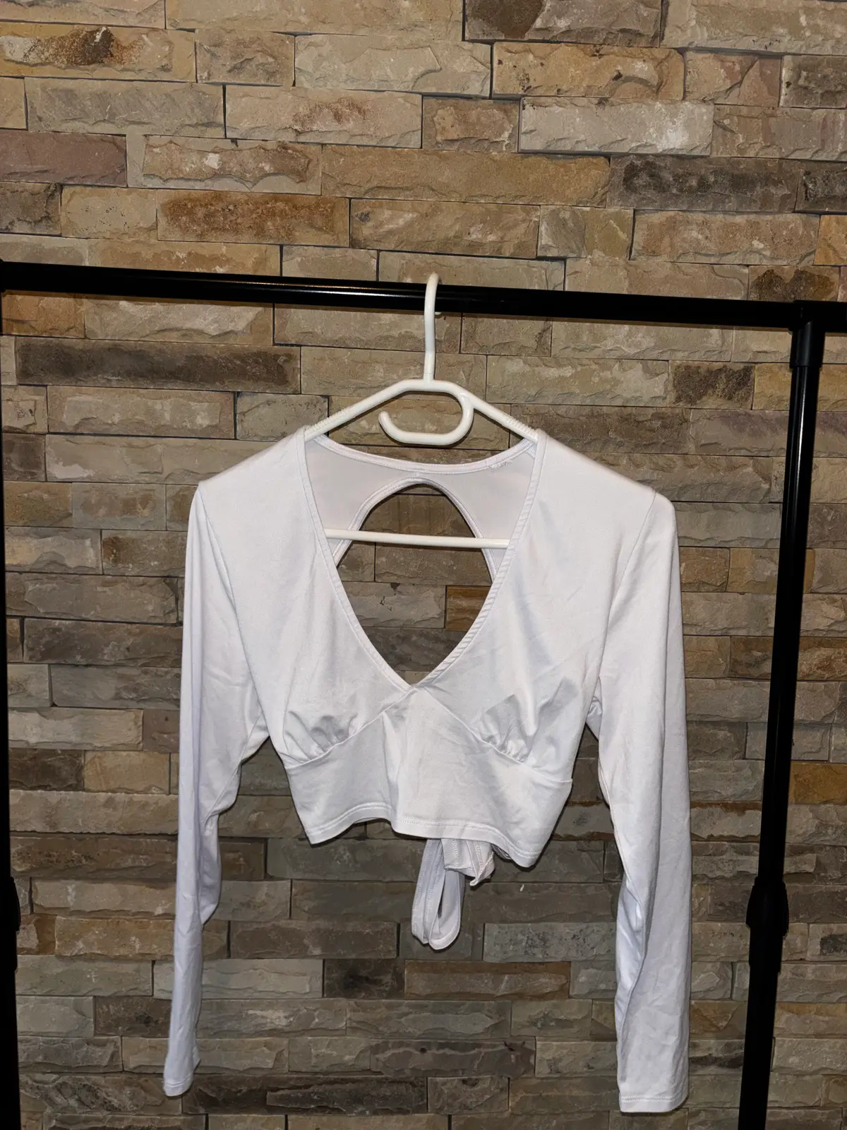 White Long Sleeve Tie Back Crop Top